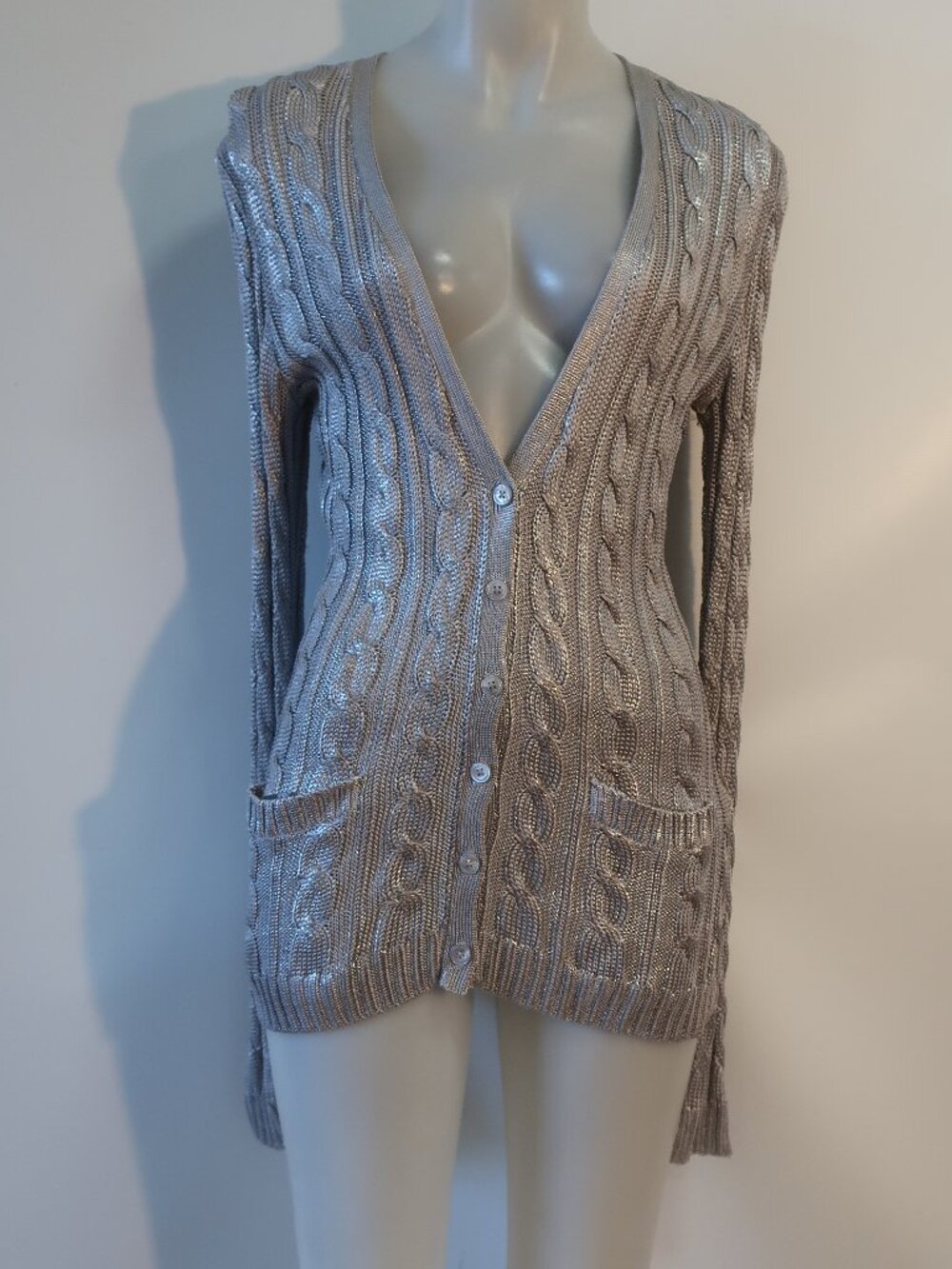 Womens Ralph Lauren Black Label Silver (Item-34) Cable-Knit Cardigan Sweater L